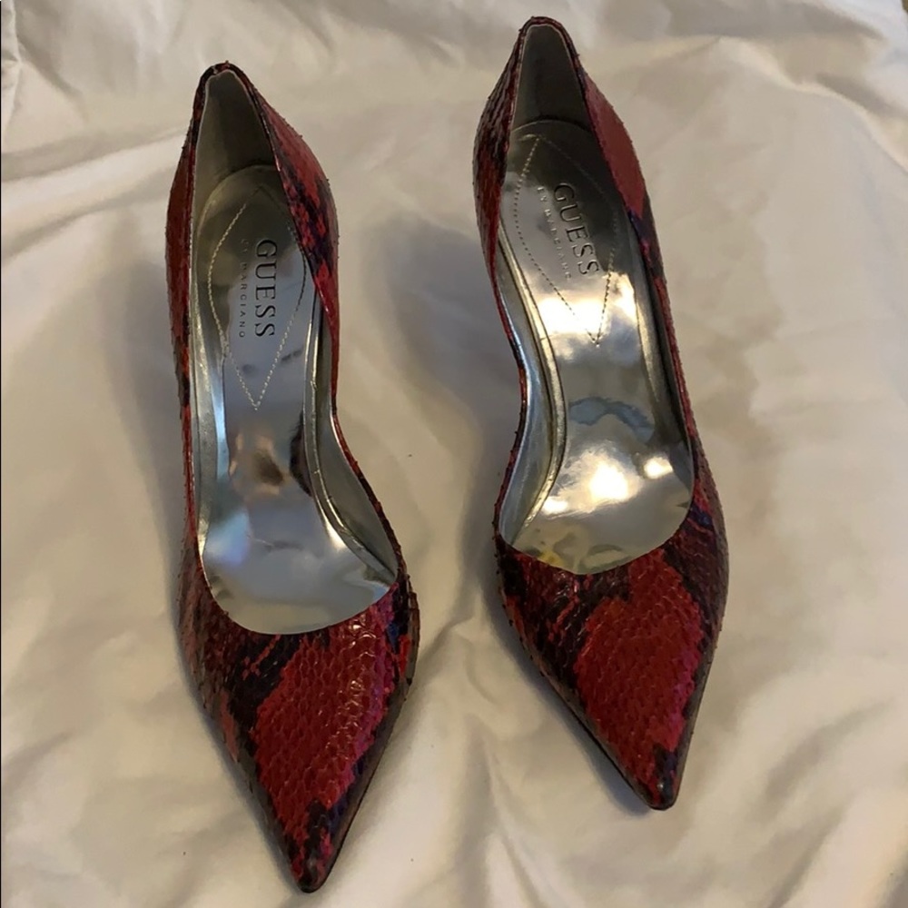 Guess Faux leather snake print red and black heels